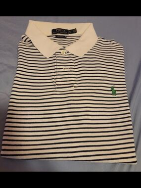 Polo by Ralph Lauren White & Navy Stripe Short-Sleeve Polo with Green Pony